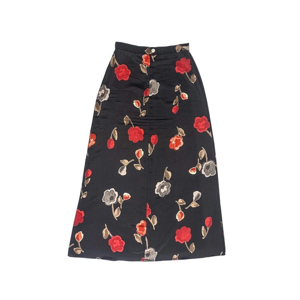 90s Vintage A. Byer Dark Brown Poppy Floral Midi Column Skirt Sz Small Cottage